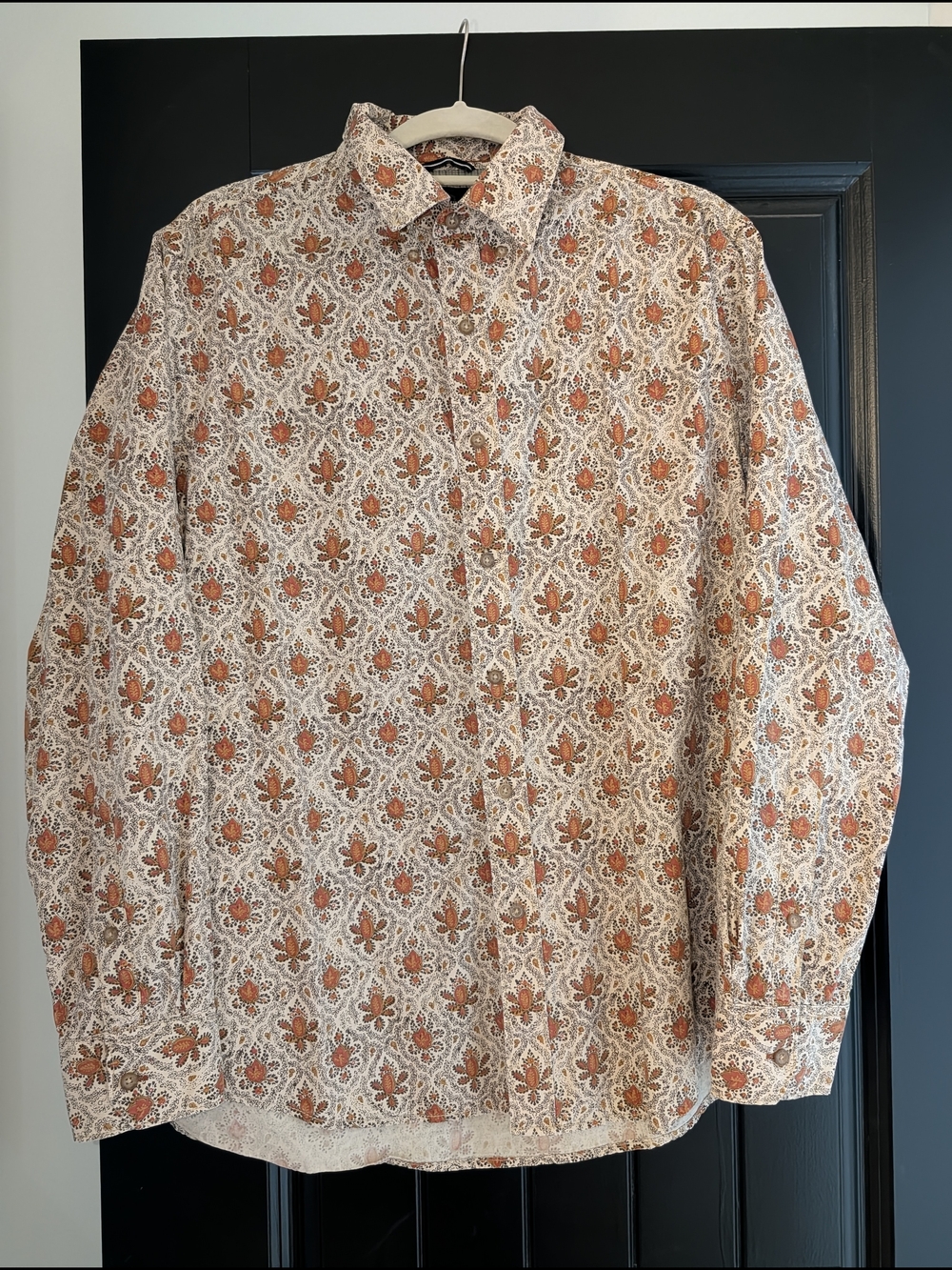 Men's Long-Sleeve Floral Button-Down Shirt - White & Rust